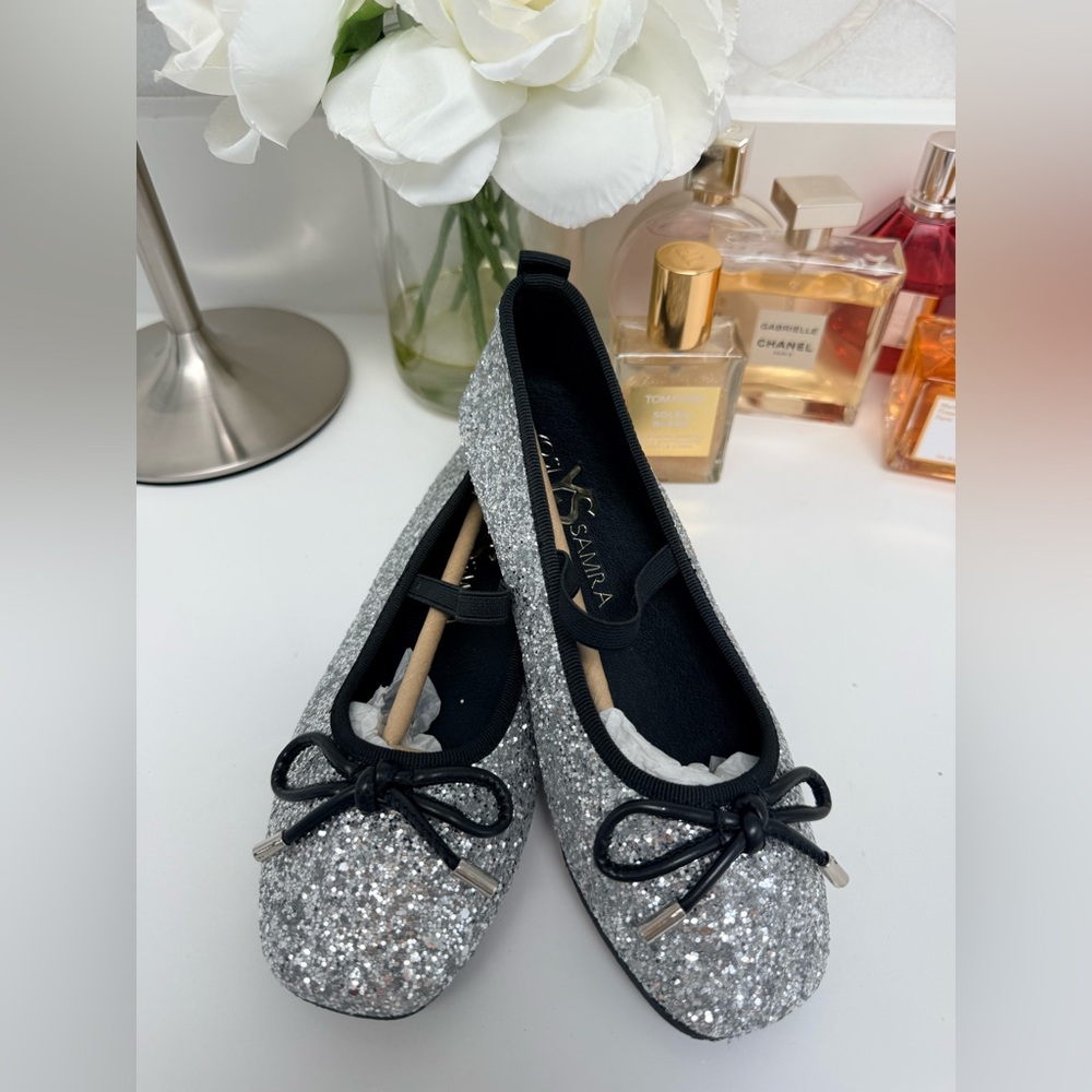 Yosi Samra Silver Glitter Kids Dress Shoes